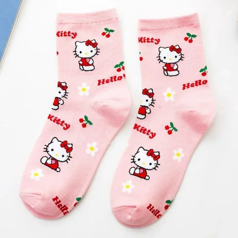 5 Pairs Kawaii Sanrio Mid-Calf Socks Hello Kitty Cartoon Anime Student Comfortable Keep Warm Protecting Feet Toys Girls Gifts
