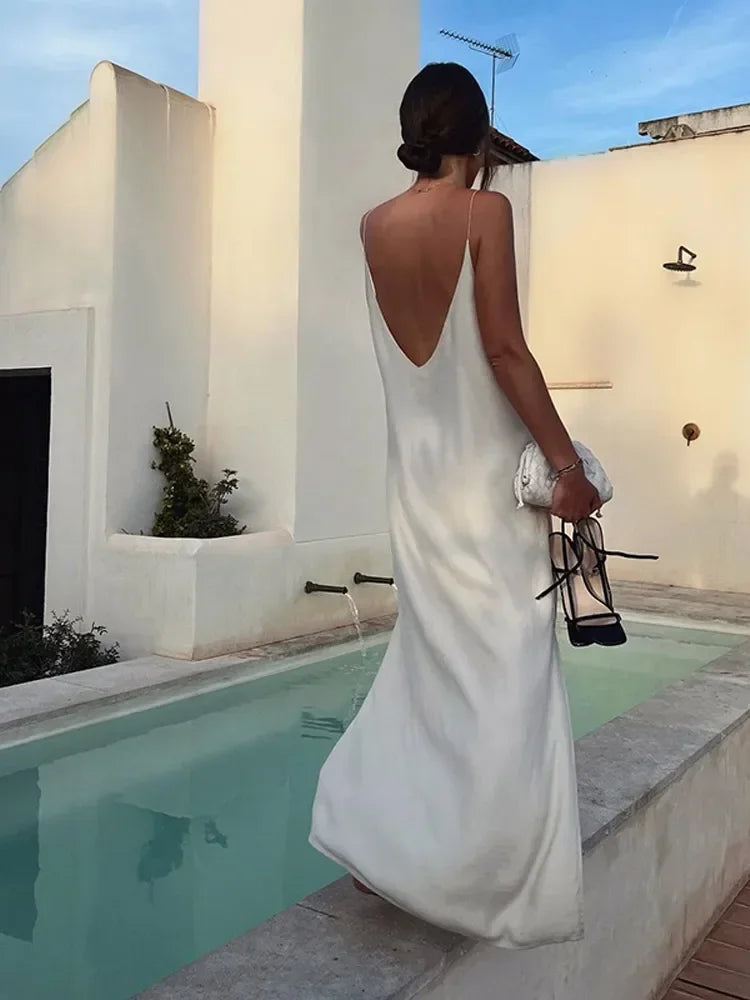 Summer Women Backless Sling Dress Sexy Loose v Neck Sleeveless Split Maxi Dresses 2024 New Female Beach Vacation Party Robes