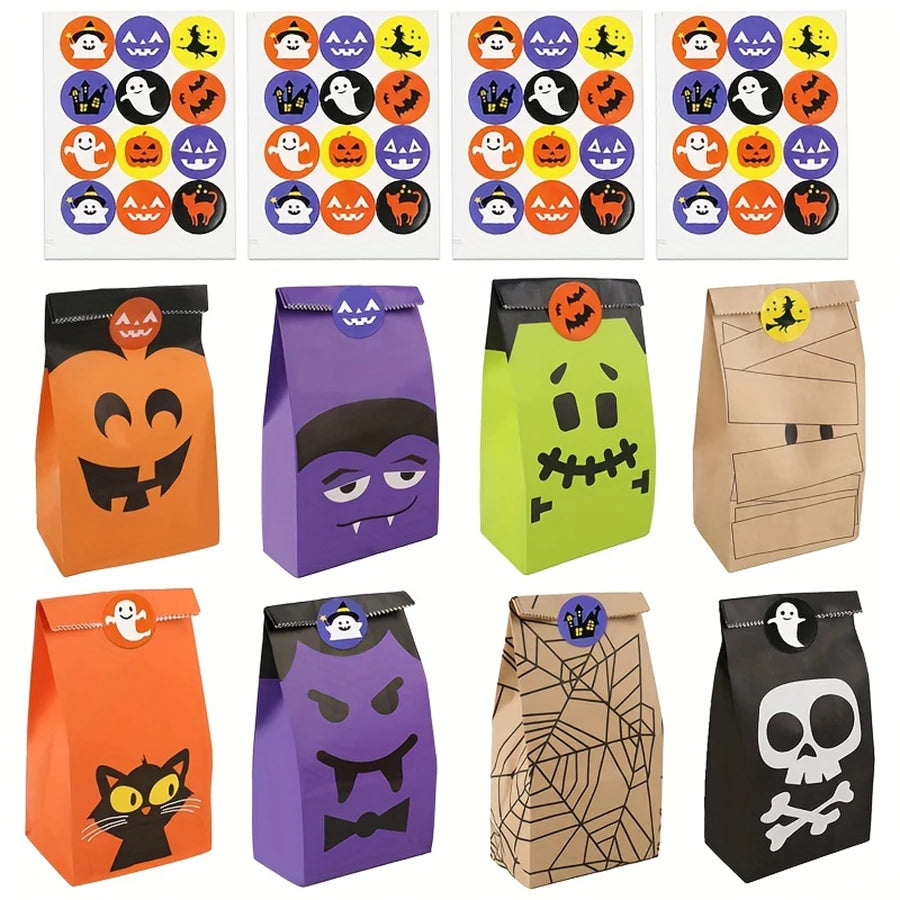 8-48pcs Halloween Theme Candy Gift Bag With Cartoon Storage Stickers Party Small Gift Storage Bag Party Kraft Goodie Bag