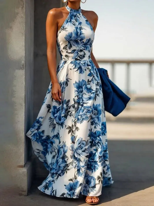 Modigirl Women Summer Long Dresses 2025 New Fit Party Beach Birthday Wedding Sleeveless Flower Print Halter A-Line Dress Woman