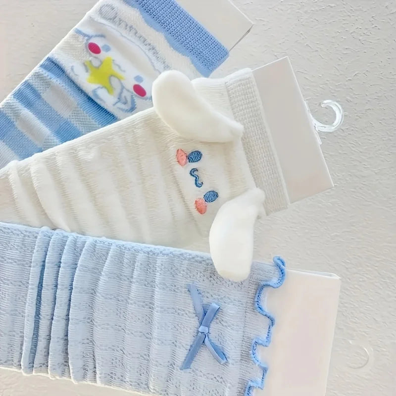 3 Pairs Kawaii Sanrio Girls Cartoon Cinnamoroll Crew Socks, Cute & Sweet Bow Frilled Mid Tube Socks, Women's Stockings & Hosiery