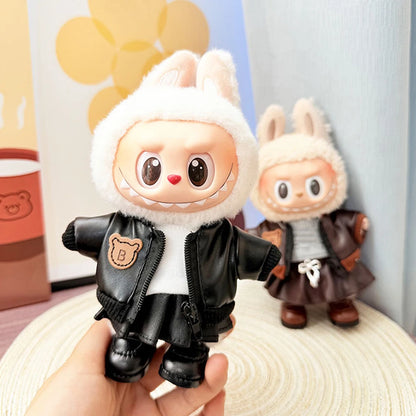 For 17cm Labubu Doll Black Leather Jacket & Inertia Bike Set Cool Biker Outfit Ropa Labubu Doll Accessory