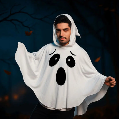 White Halloween Cloak Cape Fright Clothes Trick-Or-Treat Spooky Ghost Poncho Robe Smock Style With Hat Ghost Cosplay Costume