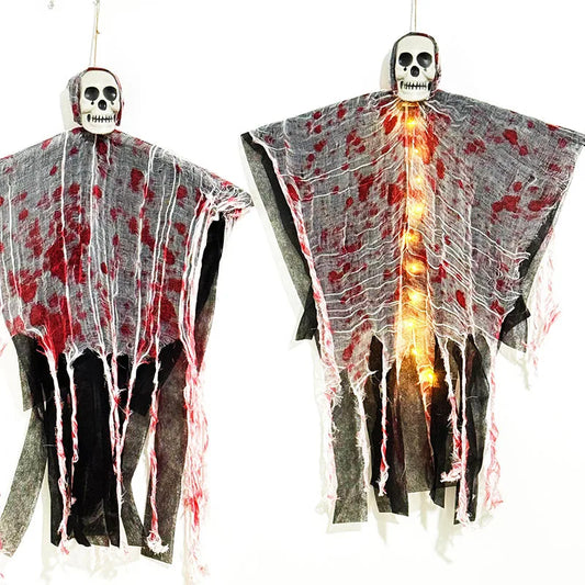 Halloween Party Hanging Skull Skeleton Ghost Ornament Horror Props Haunted House Decorations With Light Outdoor Decorations