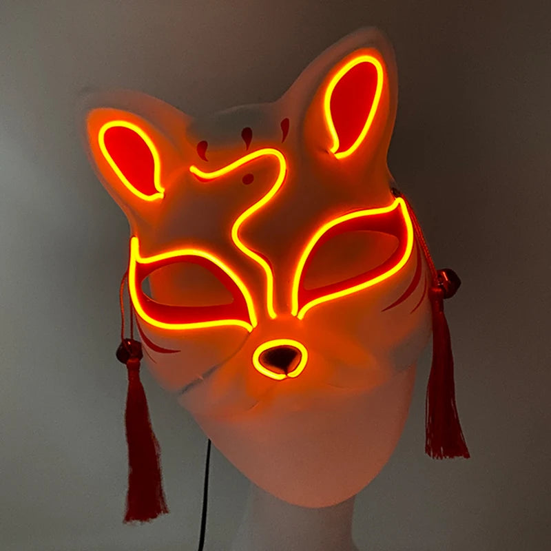 Halloween Luminous Japanese Neon Light Fox Mask LED Light Up Cosplay Mask Flashing in Dark Masquerade Dance Party Mask Costume