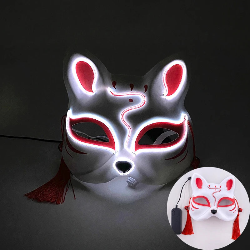 Halloween Luminous Japanese Neon Light Fox Mask LED Light Up Cosplay Mask Flashing in Dark Masquerade Dance Party Mask Costume
