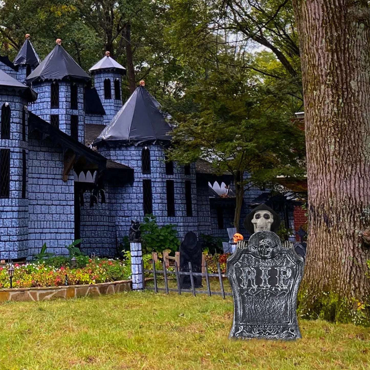 Halloween Haunted House Decor Horror Tombstone Adjustable Lifting Sound and Light Tombstone Halloween Garden Decoration Props