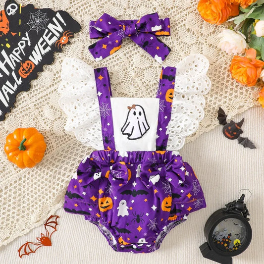 Halloween Costume Romper Baby Girl Clothes Flying Sleeves Cute Pumpkin Ghost Jumpsuit Infant Girls Holiday Party Fancy Dress