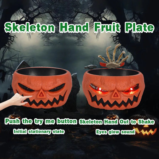 Pumpkin Candy Bowl Animated Candy Dish With Skeleton Hand LED Red Eyes Spooky Sound for Halloween Party Decoration Props