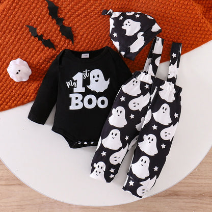 Ceeniu My First Halloween Baby Outfit for Boys Long Sleeve Letter Romper Suspender Pants+Hat Newborns Baby Halloween Costumes