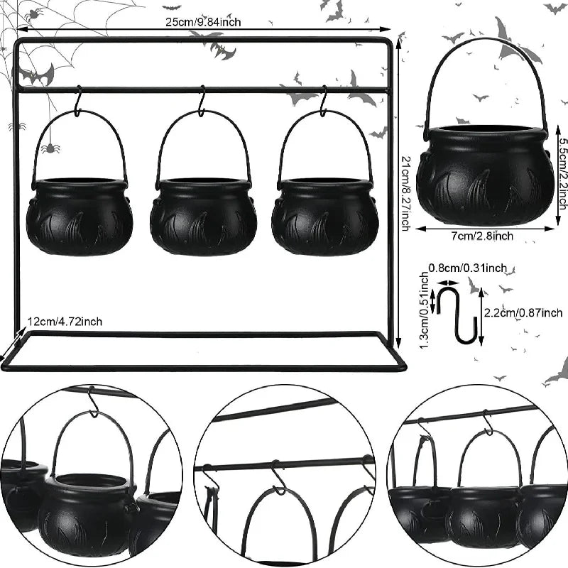 Halloween Decorations Indoor, Halloween Witches Cauldron Candy Serving Bowls on Rack, Black Plastic Cauldron With Skeletons
