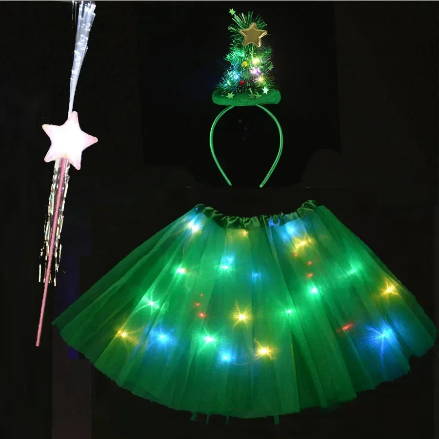 Adult Women Girls Cute Flashing Wing Tutu Skirt LED Glow Headband Fairy Stick Tree Costume Party Favors Halloween Christmas