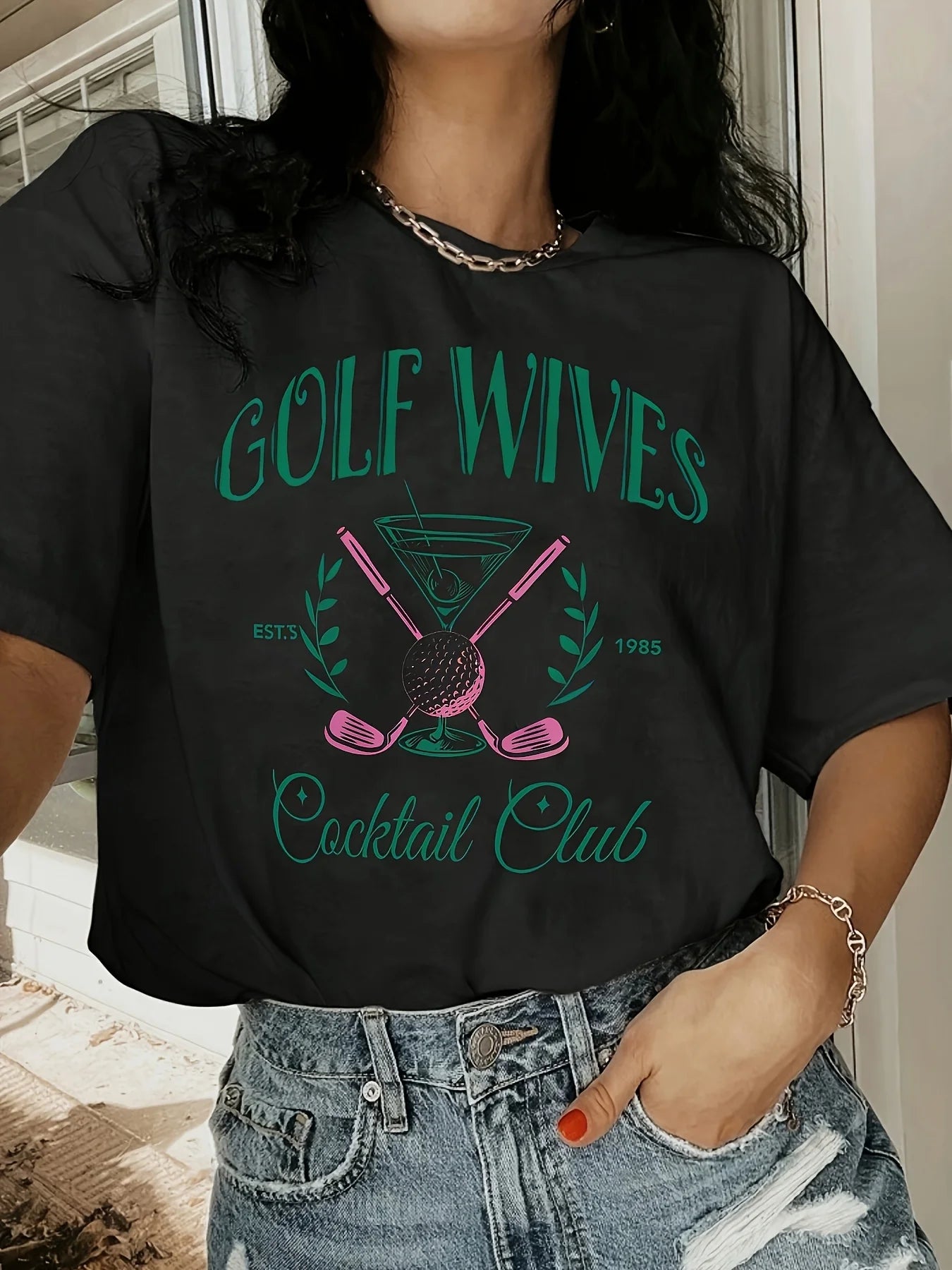 Graphic Golf Tee Black Breathable Womens Casual Golf T-Shirt GOLF WIVES Lettering With Crossed Clubs Martini Design
