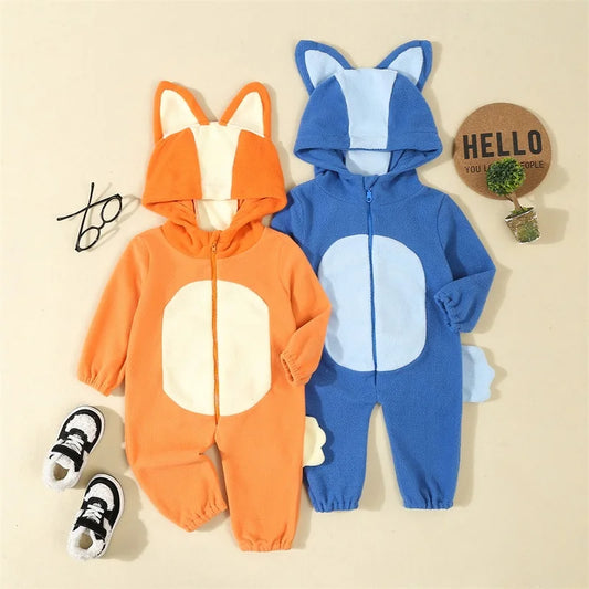 Cartoon Blue Orange Dog Costume for Toddler Baby Boys Girls Halloween Costume Hooded Ear Tail 1Piece Jumpsuit