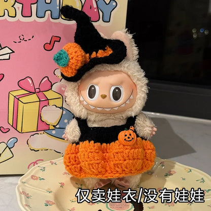 3.0 Labubu Clothes Halloween Knitted Pumpkin Bat Ghost Set for 15/17cm Doll Funny Necklace Accessories Christmas Halloween Gift
