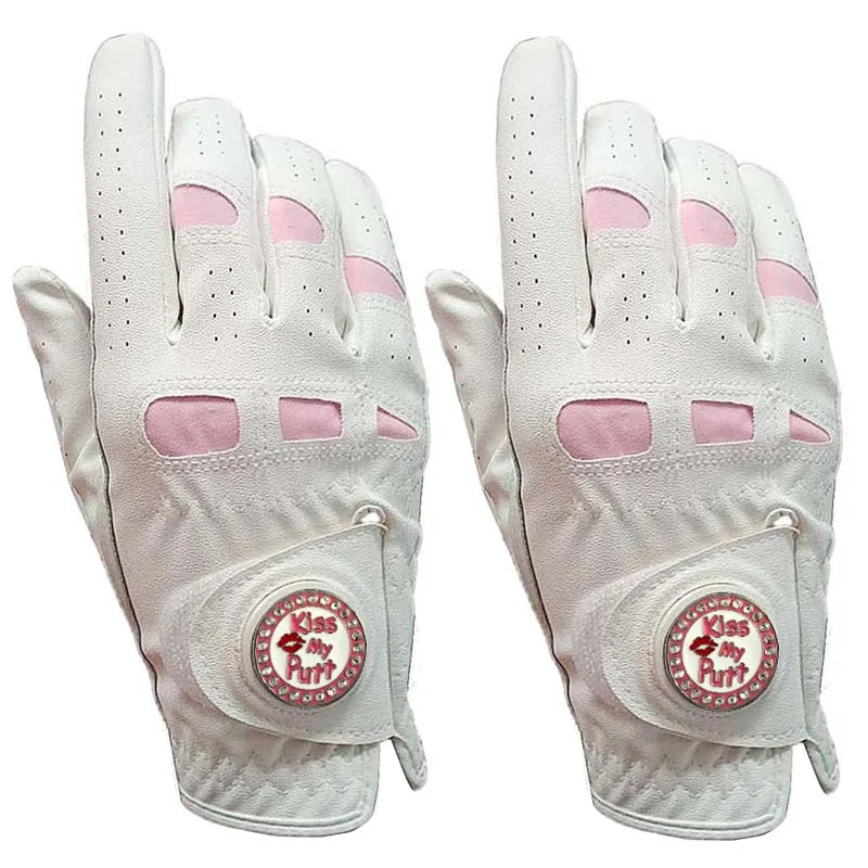 2 Pcs Cabretta Leather Golf Gloves Women With Bling Ball Marker Extra Grip Left Right Hand Pink Fit Ladies Girls Golfer