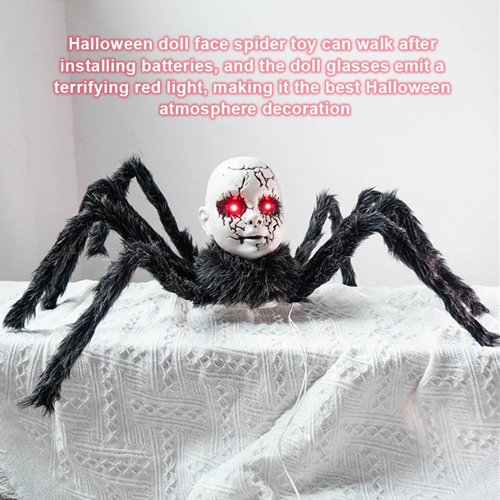 Halloween Animatronic Doll Face Spider Sound Activated Scary Walking Spider Haunted House Prop Halloween Party Decoration