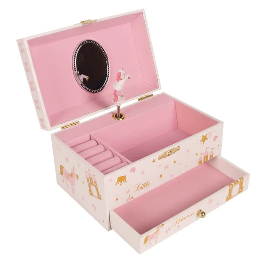 7-Inch White Castle White Horse Music Box Makeup Mirror Jewelry Storage Box Children's Day Christmas Gift Girl Birthday Gift