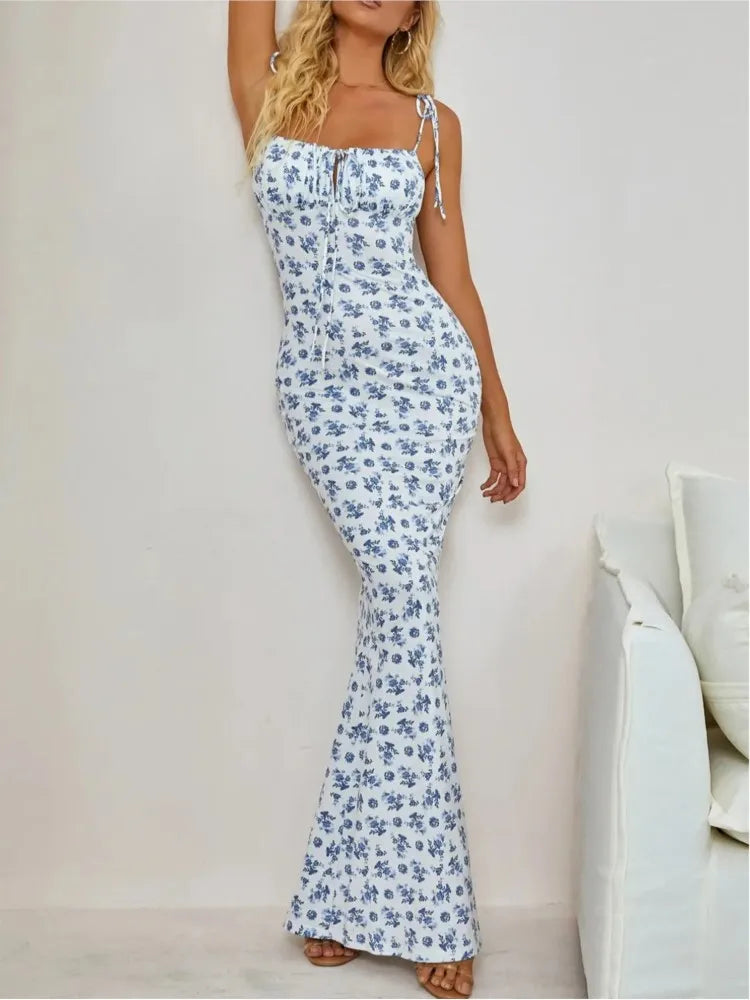 Fashion Floral Print Spaghetti Strap Lace Up Long Dress Summer Women Sleeveless Bandeau Bodycon Party Beach Holiady Dresses Robe