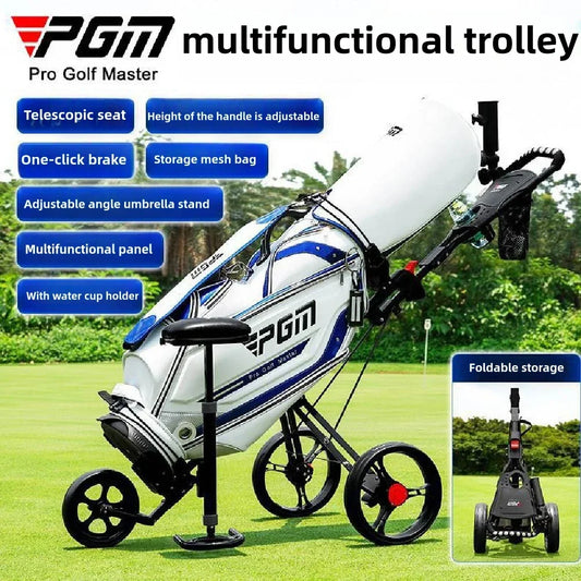 PGM Golf Cart 3 Wheels, Golf Bag Cart Foldable, With Cup Holder With Seat, Compact Golf Pull Car