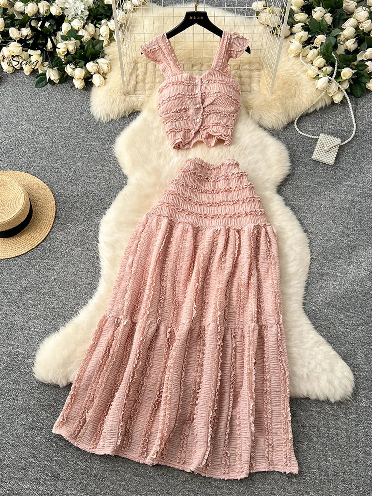 SINGREINY Casual Beach Style 2pcs Suits Single Breasted Mini Camisole+Elastic Waist a Line Fold Slim Skirt Gentle Women Sets
