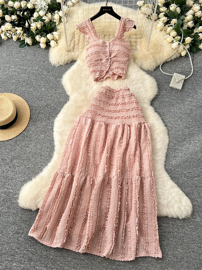 SINGREINY Casual Beach Style 2pcs Suits Single Breasted Mini Camisole+Elastic Waist a Line Fold Slim Skirt Gentle Women Sets