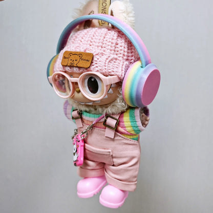 Labubu Clothes Pink Overalls, Colorful Headphone Sets, Rainbow-Colored Pleated Skirt Clothing, Labubu Accessories (No Dolls)