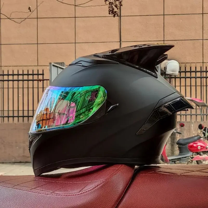 Orz Motorcycle  Full Face Helmet Dual Lens Racing Helmet Personality Horns Modular Flip Up Helmets DOT Approved