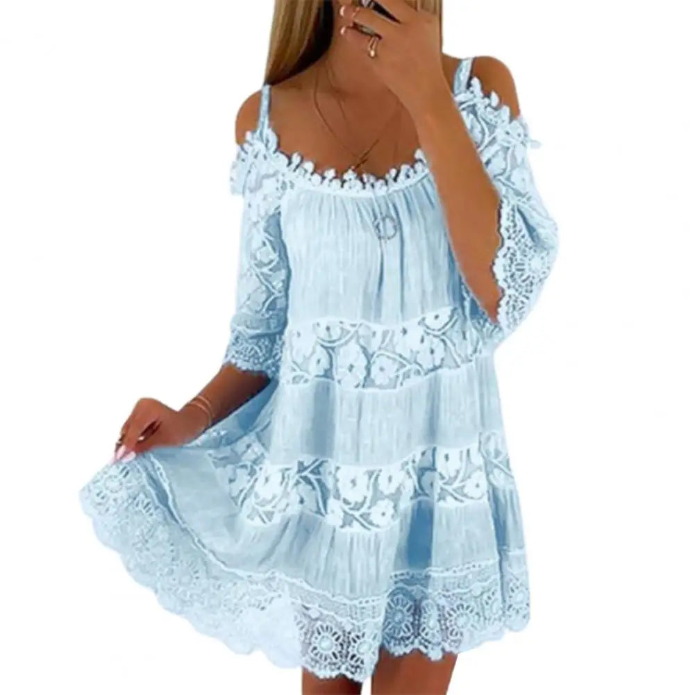 Embroidery Crochet Lace Cold Shoulder Mini Dress Women Scoop Neck Half Sleeves Mid-Rise Loose Fit Summer Dress Lady Beach Dress