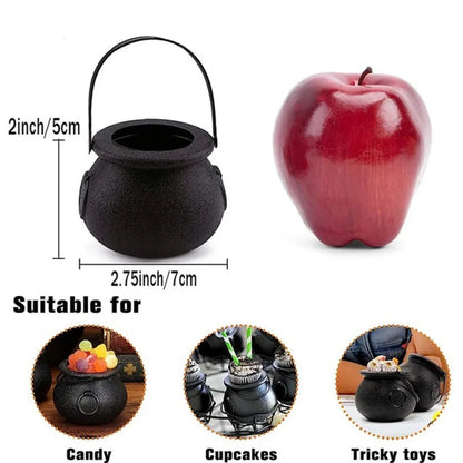 6pcs Mini Plastic Cauldron Bucket With Handle, Halloween Candy Bucket, Party Favor Witch Pot, Trick-Or-Treat Container