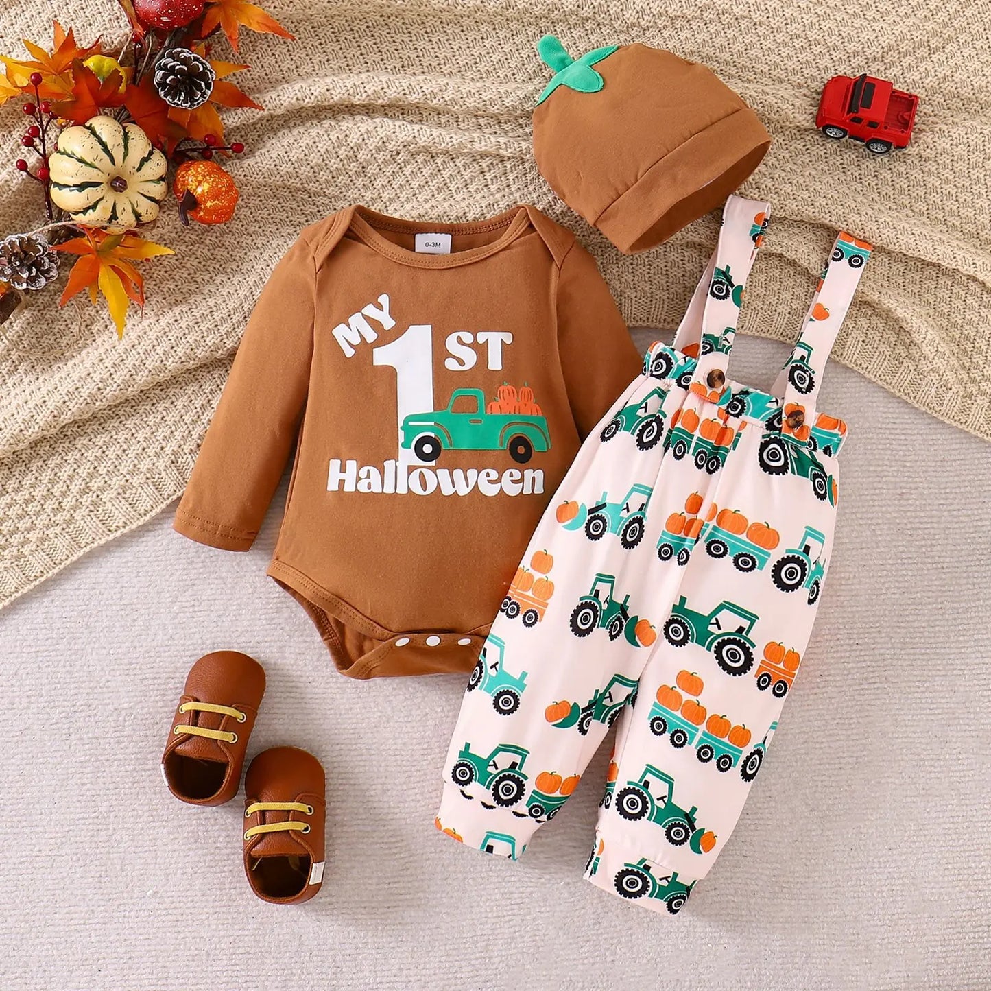 Ceeniu My First Halloween Baby Outfit for Boys Long Sleeve Letter Romper Suspender Pants+Hat Newborns Baby Halloween Costumes