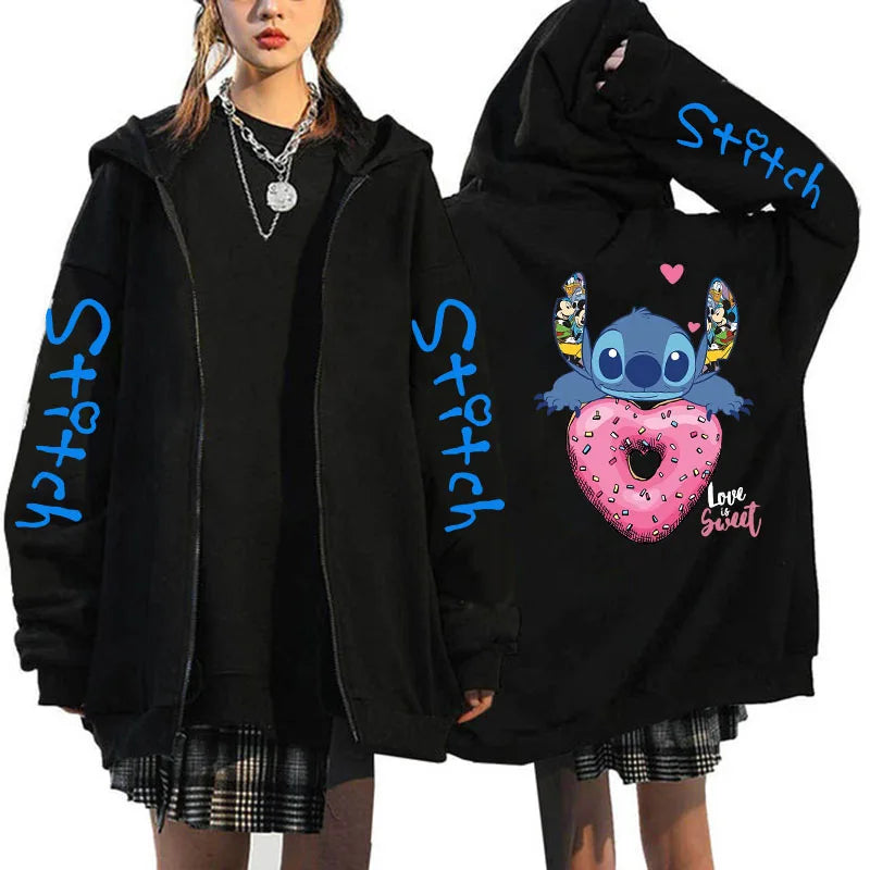 Oversized Y2k Zip-Up Hoodie Disney Women's Lilo & Stitch Costume Winter Clothes Woman Long Sleeve Warm Jacket Zip-Up Street Tops