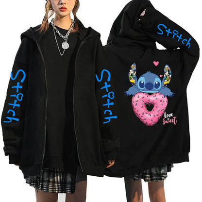 Oversized Y2k Zip-Up Hoodie Disney Women's Lilo & Stitch Costume Winter Clothes Woman Long Sleeve Warm Jacket Zip-Up Street Tops