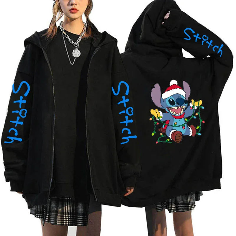 Oversized Y2k Zip-Up Hoodie Disney Women's Lilo & Stitch Costume Winter Clothes Woman Long Sleeve Warm Jacket Zip-Up Street Tops