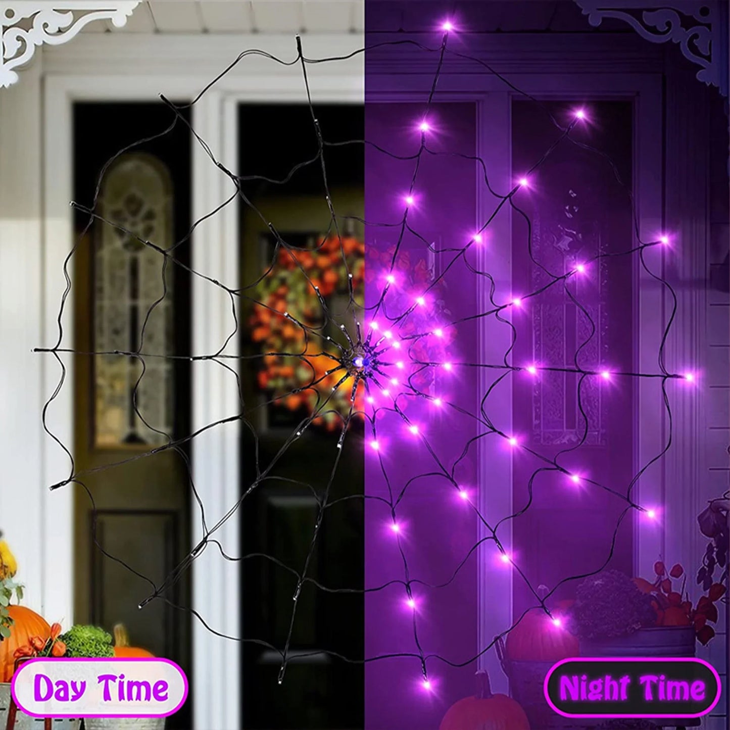 Outdoor Halloween Spider Web LED Purple Lights Battery Powered 8 Modes 70LED String Lights Remote Control Garden Wall Decoration