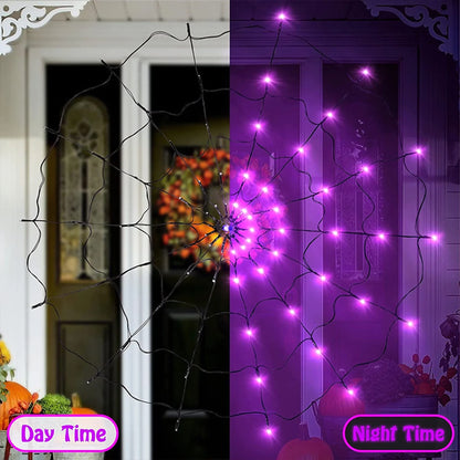 Outdoor Halloween Spider Web LED Purple Lights Battery Powered 8 Modes 70LED String Lights Remote Control Garden Wall Decoration
