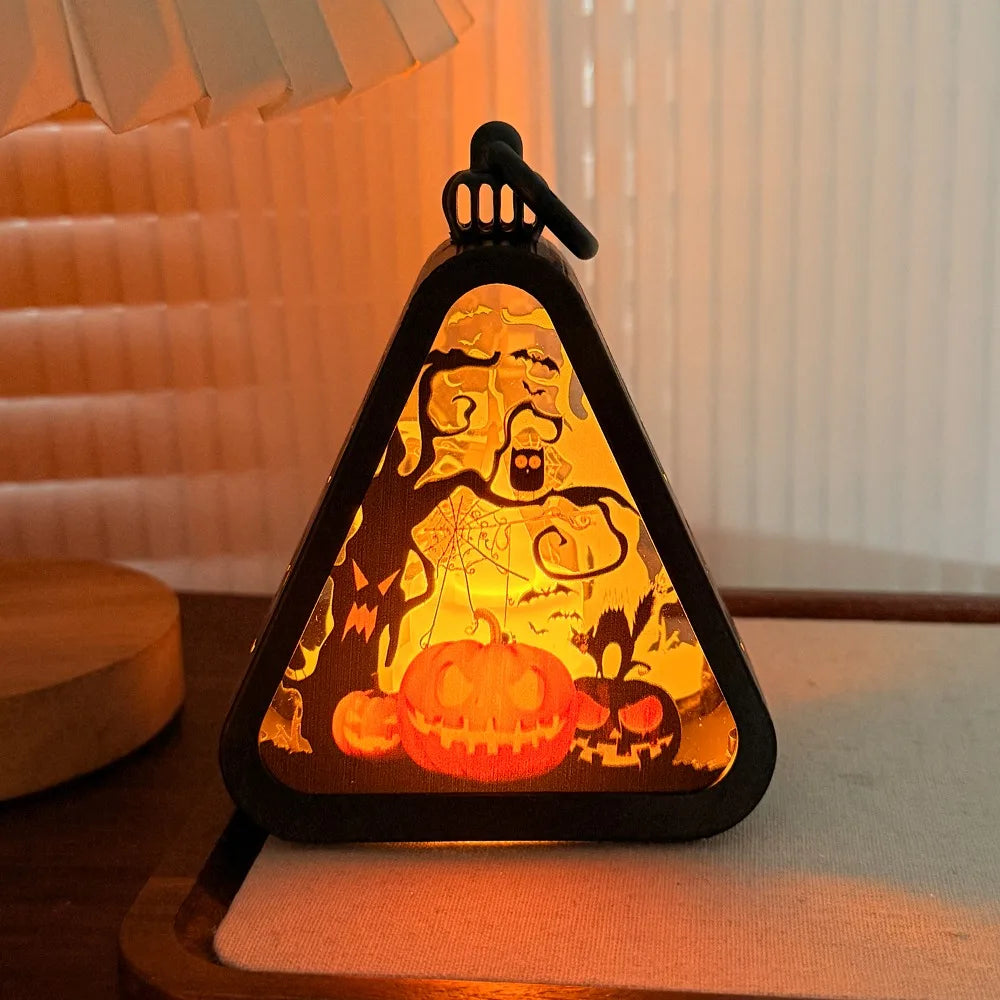 Halloween Pumpkin Lantern Plastic Witch Castle Ghost Triangle Lamp Table Ornaments Party Scene Props Halloween Home Decoration