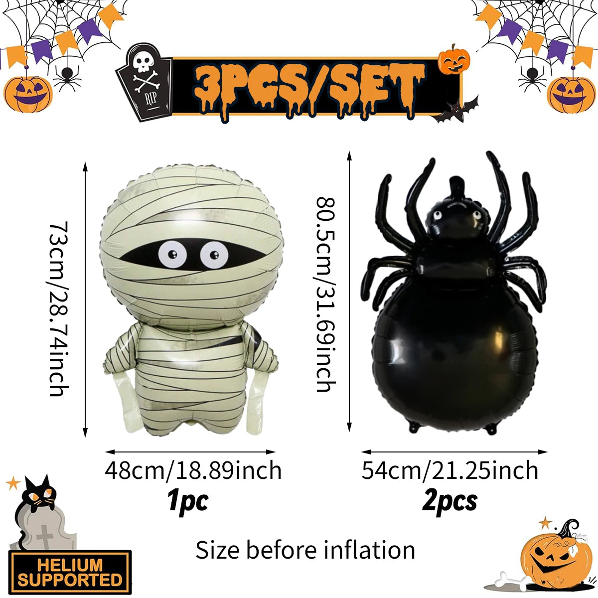 3pcs Mummy Spider Halloween Foil Balloons, Suitable for Halloween Parties, Scary Mummy Horror Spider Theme Decoration Supplies