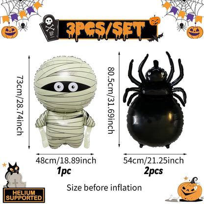 3pcs Mummy Spider Halloween Foil Balloons, Suitable for Halloween Parties, Scary Mummy Horror Spider Theme Decoration Supplies