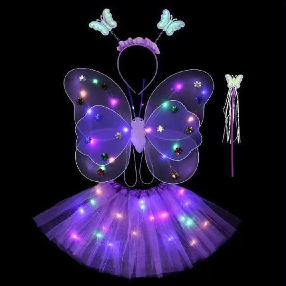 3/4Pcs/Set  Fairy Butterfly Wing Wand Headband Costume Toy Gift Halloween Decoration Double Layers Girls Led Flashing Light