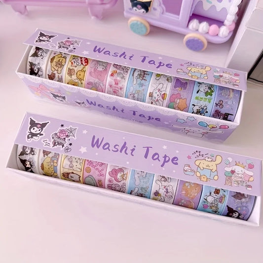 10 Pcs Sanrio Washi Tape Set  Adorable Kuromi, My Melody & Cinnamoroll Designs Cartoon Stickers for Journaling and Crafting