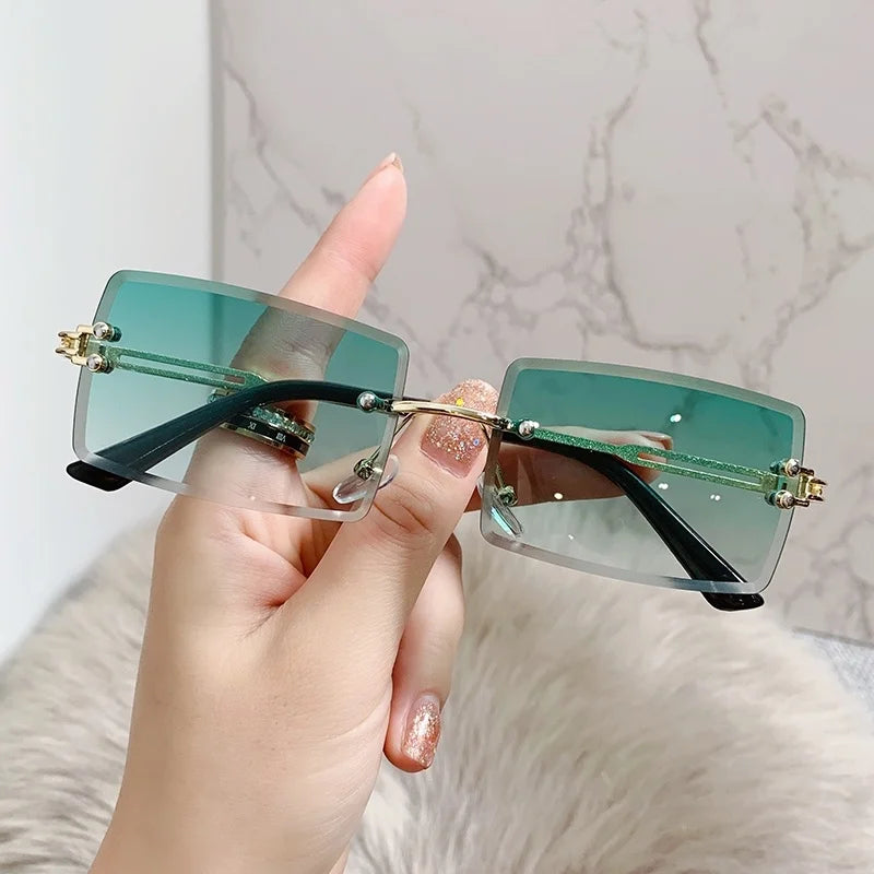 Rimless Rectangle Vintage Sunglasses Woman Brand Pink Gradient Sun Glasses Female Cutting Lens Square Ladies Oculos De Sol