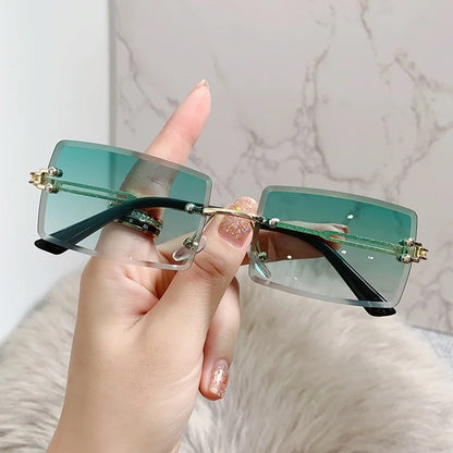 Rimless Rectangle Vintage Sunglasses Woman Brand Pink Gradient Sun Glasses Female Cutting Lens Square Ladies Oculos De Sol