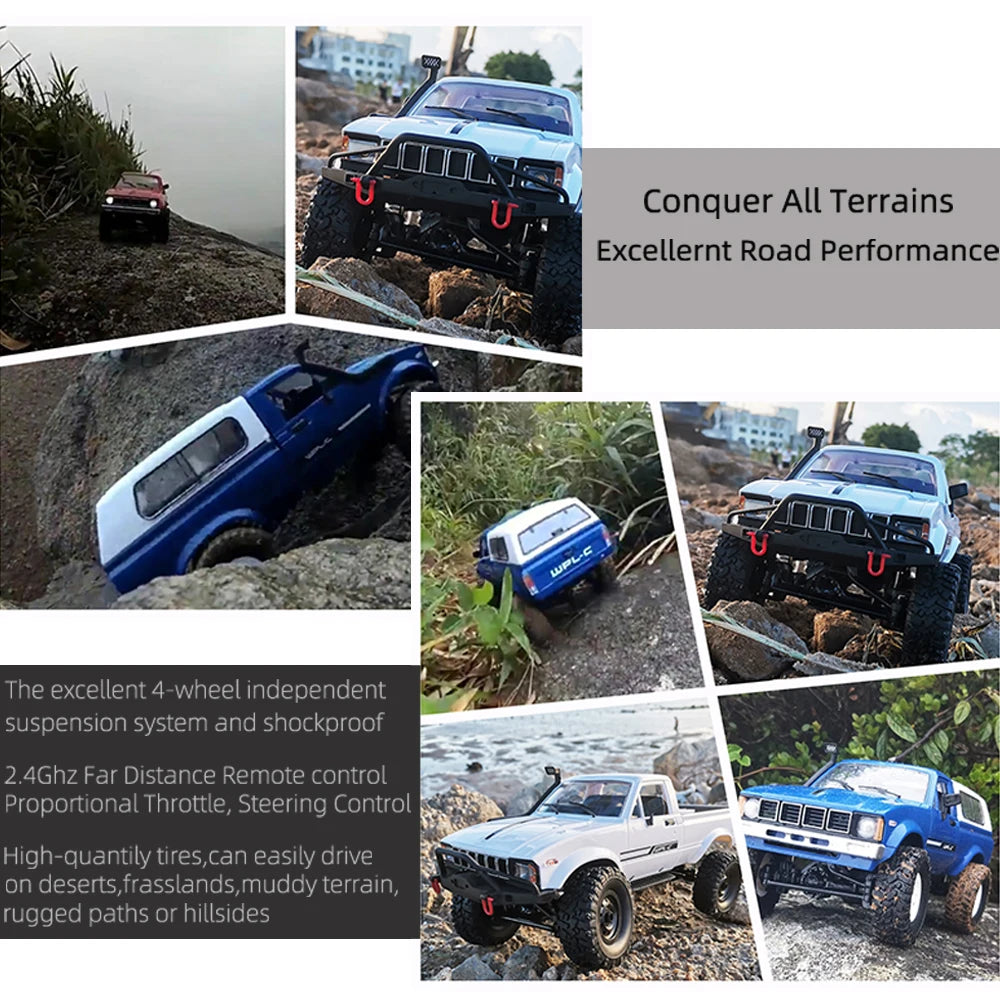 WPL C24-1 Full Scale RC Car 1:16 2.4G 4WD Rock Crawler Electric Buggy Climbing Truck LED Light On-Road 1/16 for Kids Gifts Toys