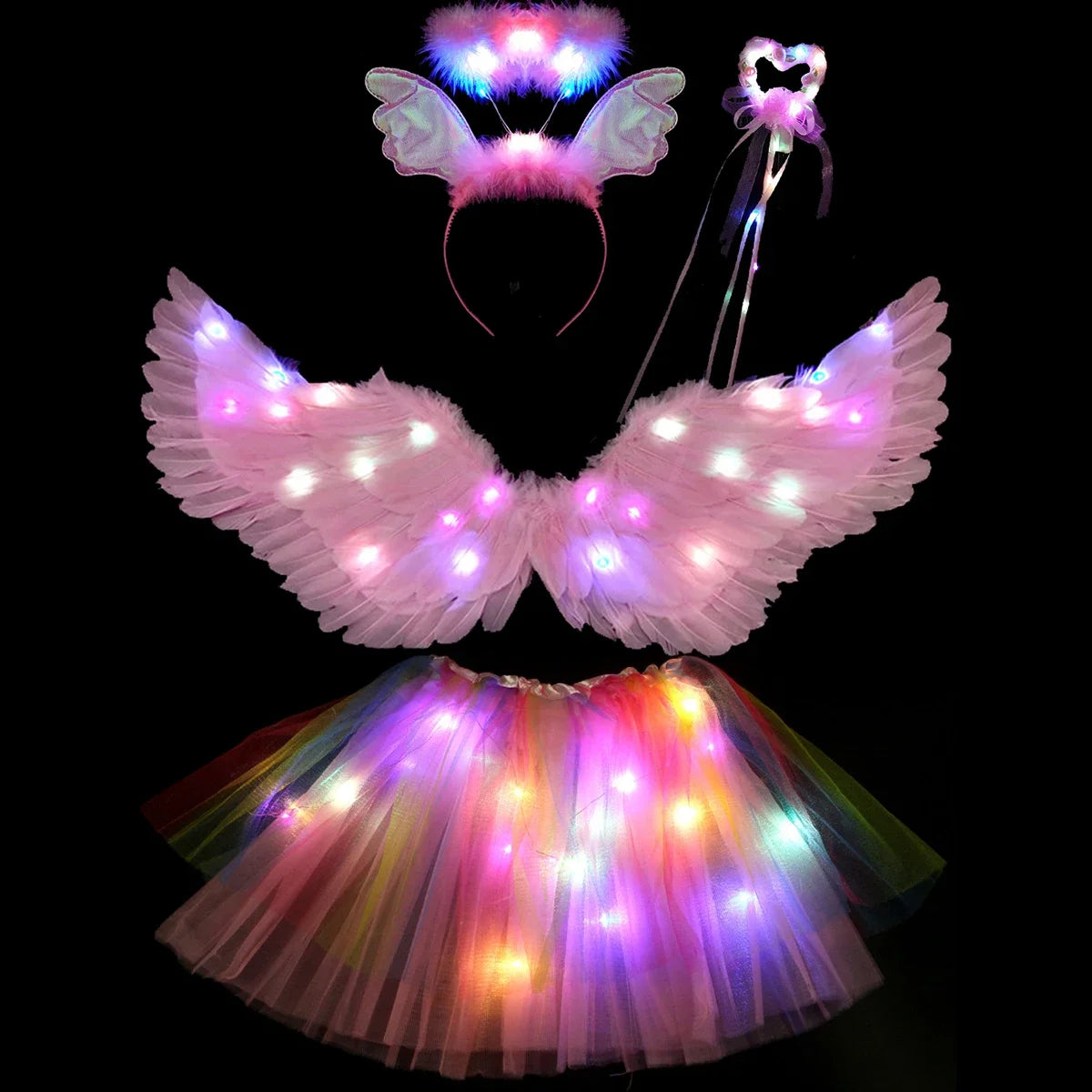 Women Girls Angel Feather LED Wings Halo Light Up Angel Wings Fairy Wands Glow Tutu Skirt Carnival Halloween Cosplay Costume
