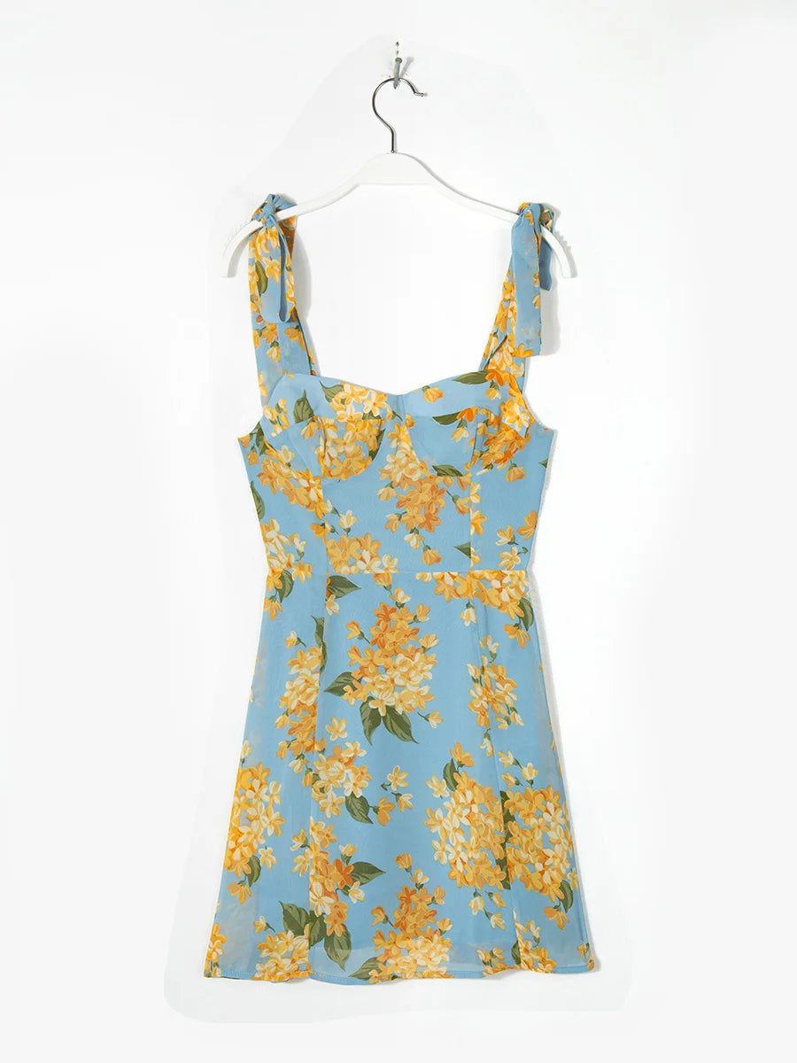 Summer Dresses for Women 2023 Sweetheart Neck Sleeveless Tie Strap Floral Print Mini Dress Woman Vacation Beach Style Sundress