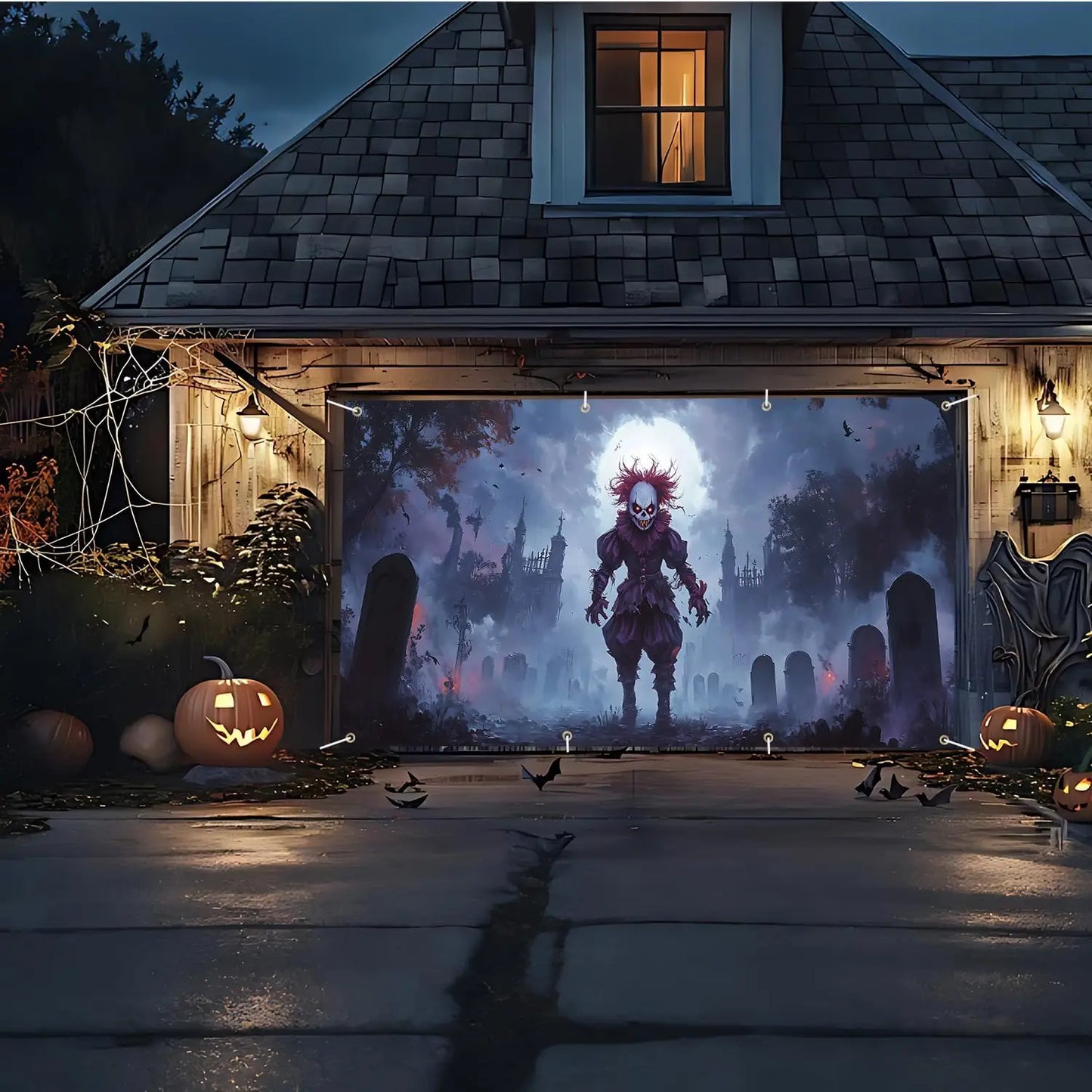Scary Clown Garage Door Banner – Haunted Cemetery Halloween Decoration for Outdoor Parties & Events