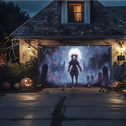 Scary Clown Garage Door Banner – Haunted Cemetery Halloween Decoration for Outdoor Parties & Events