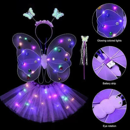 3/4Pcs/Set  Fairy Butterfly Wing Wand Headband Costume Toy Gift Halloween Decoration Double Layers Girls Led Flashing Light