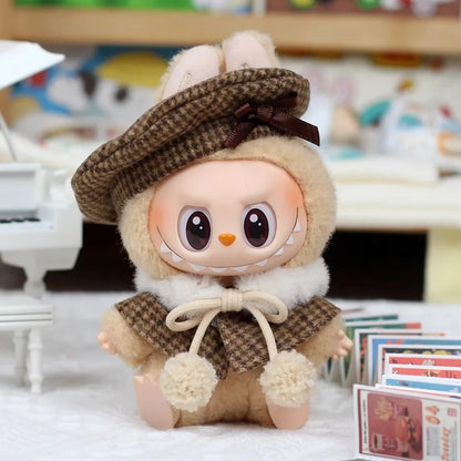 Mini Doll'S Clothes Outfit Accessories for Korea Kpop Exo 15-17cm Labubu Classic Grid Style Dress Cloak Set Beret Clothing Gift